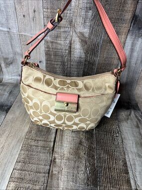 Coach Tan Signature Canvas Shoulder Bag with Coral Trim